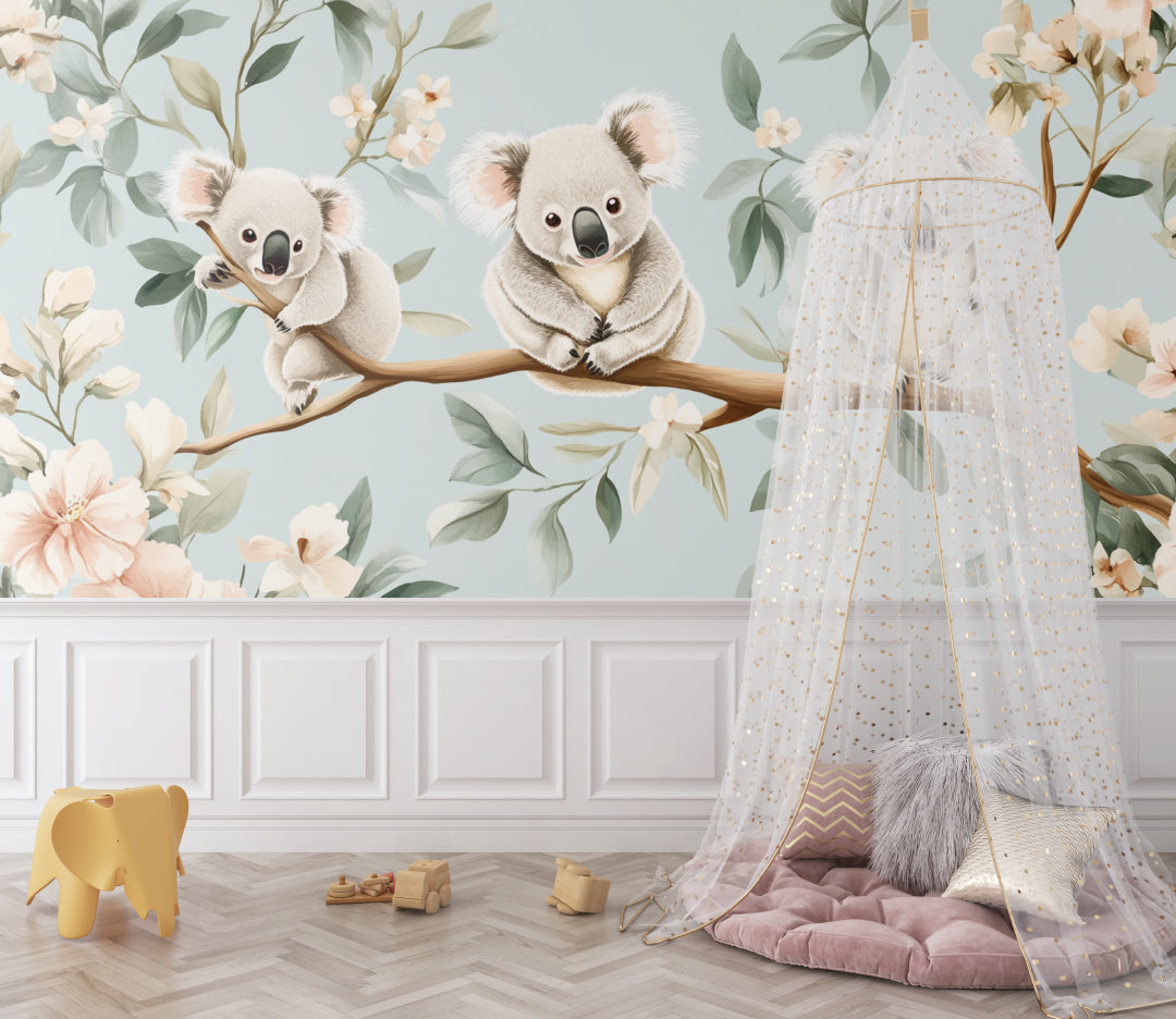 Baby room showing koala wallpaper with crib and mobile setup