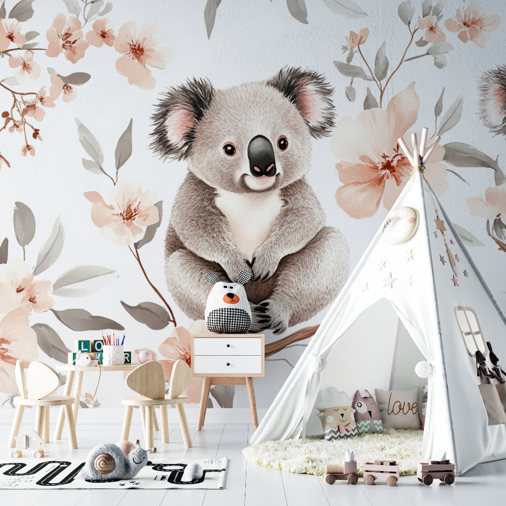 Koala and cherry blossom mural adding sweet touches to a baby girl's nursery