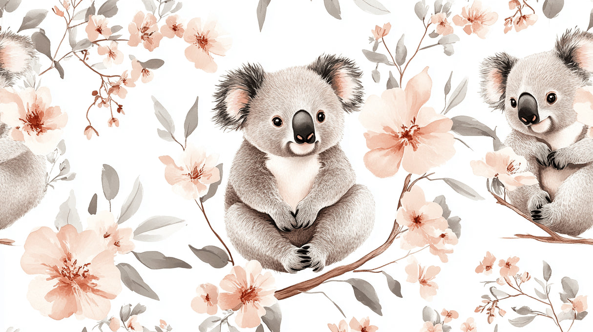Design file of cute koalas among pink cherry blossoms on white background