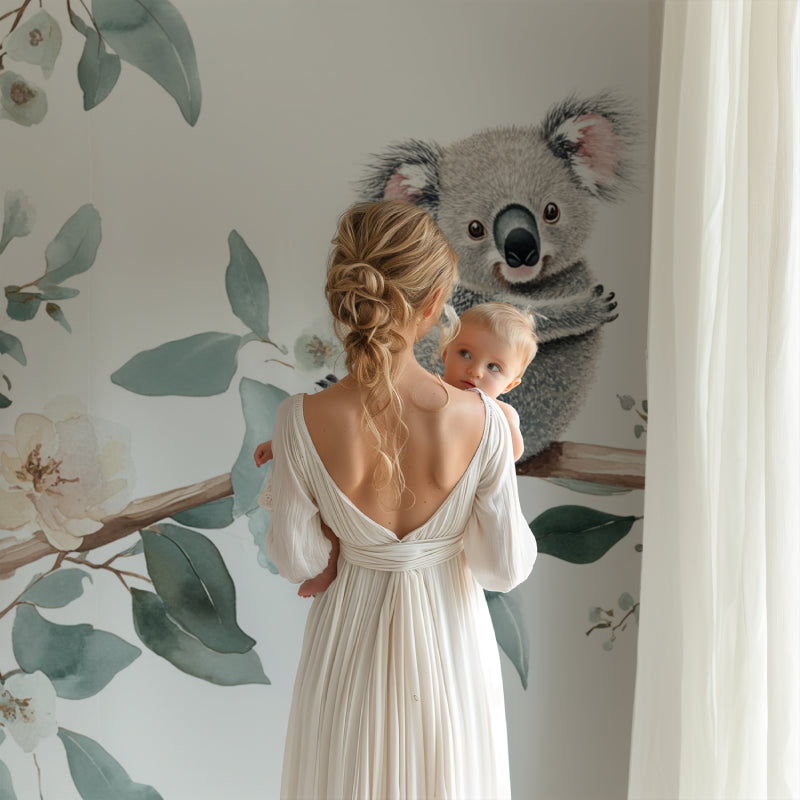 Australian koala wallpaper bringing nature into a child's reading nook with soft lighting