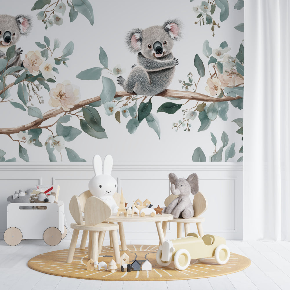 Botanical koala wallpaper transforming a baby's nursery with gentle tones