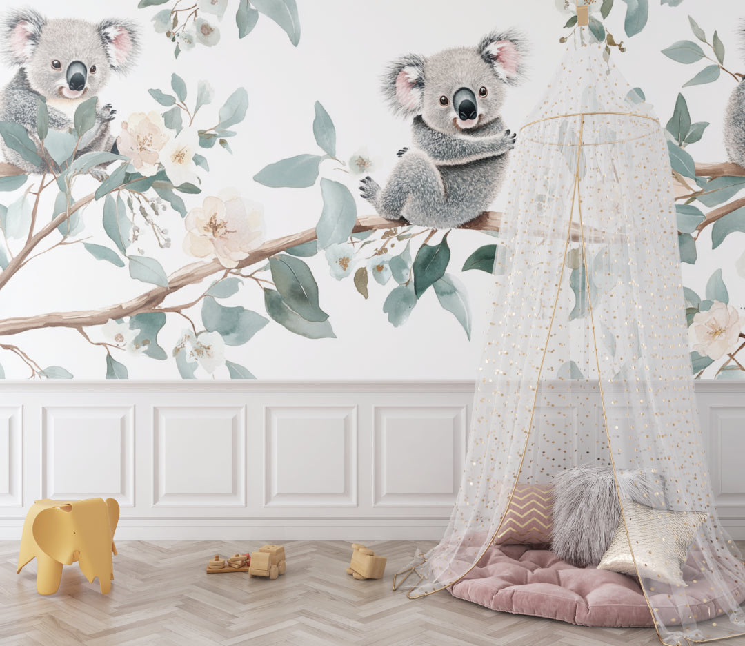 Kids bedroom featuring sweet koala wall mural with matching decor