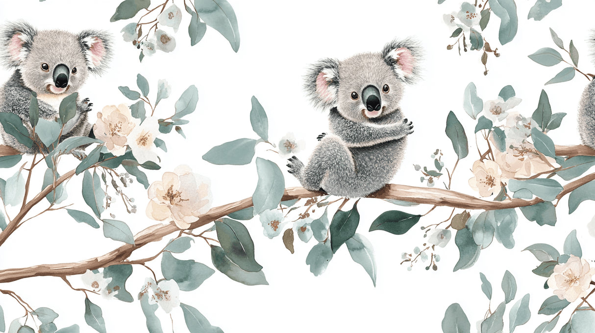 Koala and eucalyptus design file showing intricate watercolor details and pattern layout