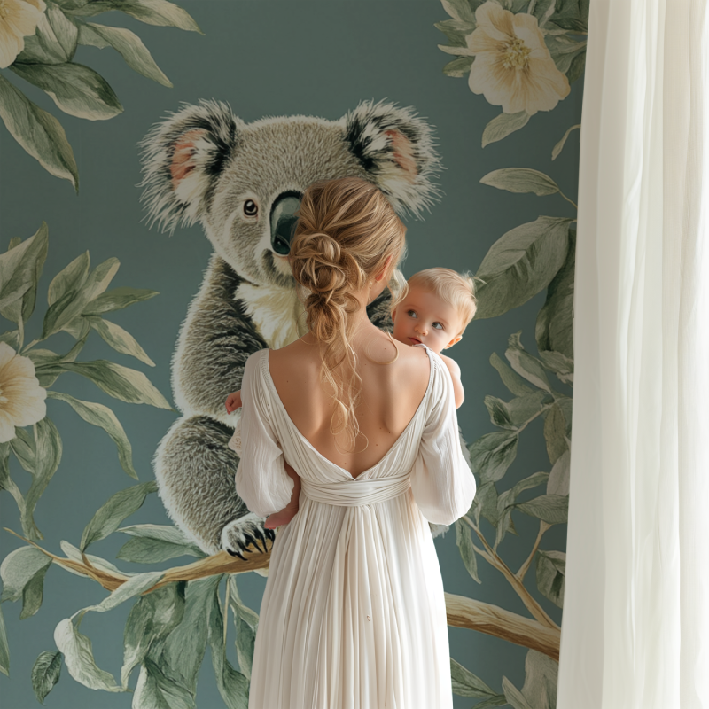 Sweet koala nursery wallpaper displayed in a reading nook with natural lighting