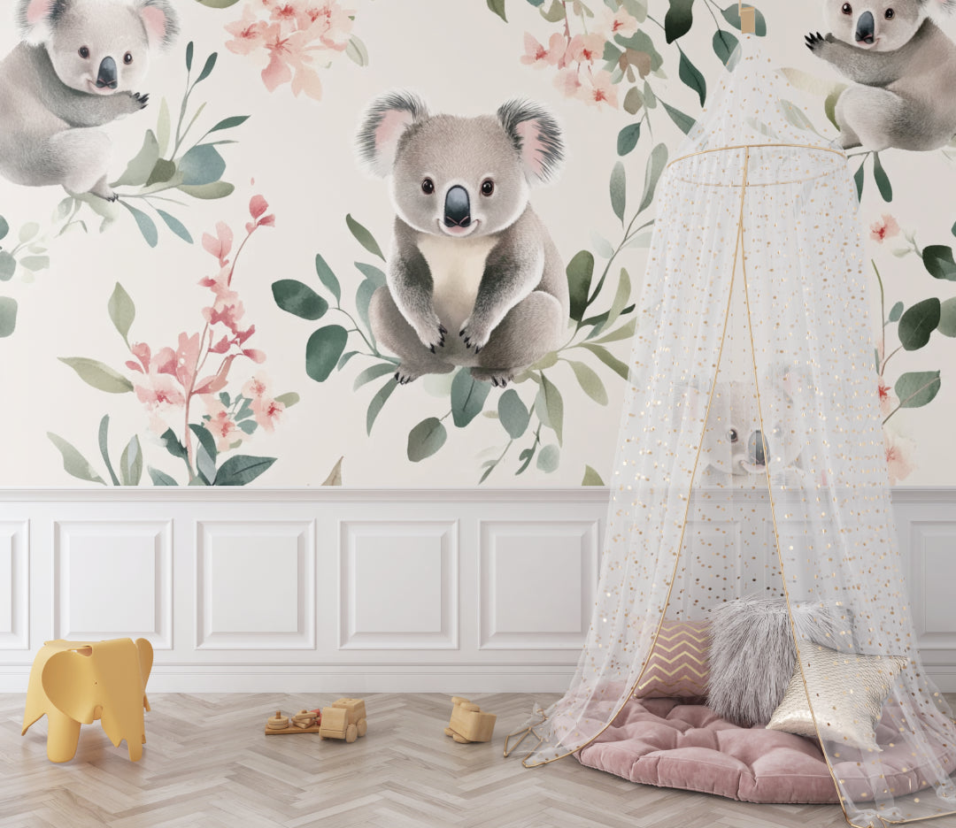 Australian koala wallpaper creating a calm atmosphere in a playroom setting