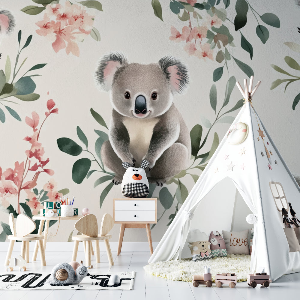 Floral koala mural showcased in a modern children's bedroom with natural lighting