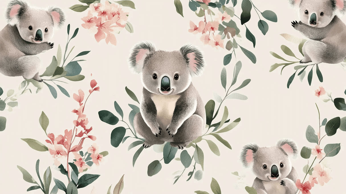 Koala and pink blossoms design file showing intricate watercolor details and pattern repeat