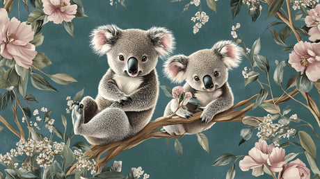 Design file showing detailed koala bears with hibiscus flowers and cherry blossoms on teal background