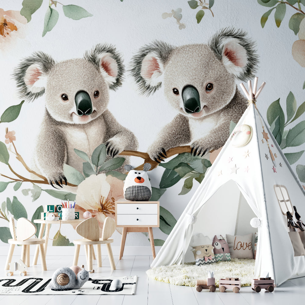 Floral koala wallpaper creating a cozy reading nook in a child's bedroom
