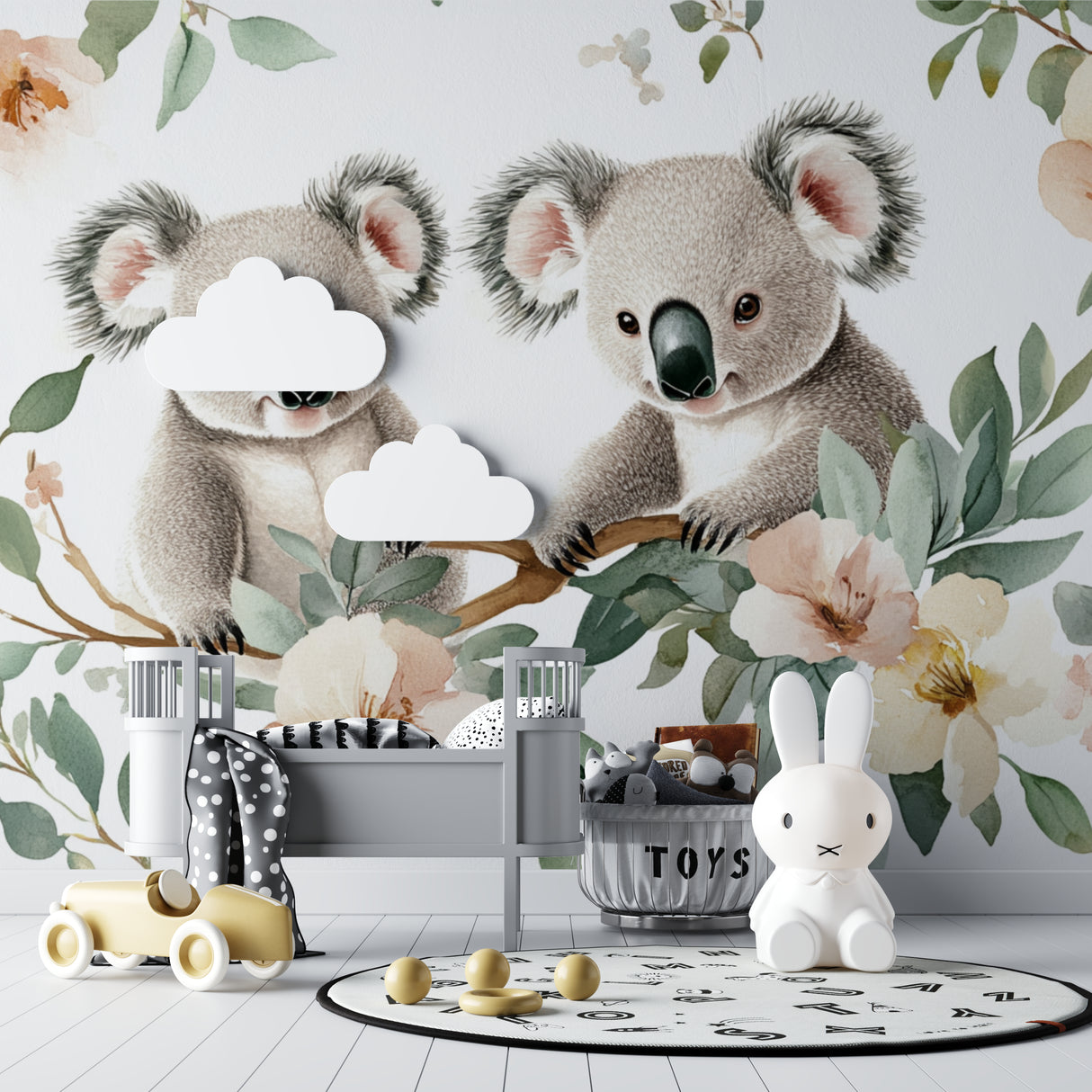 Koala mural wallpaper in a pastel-themed playroom with natural lighting