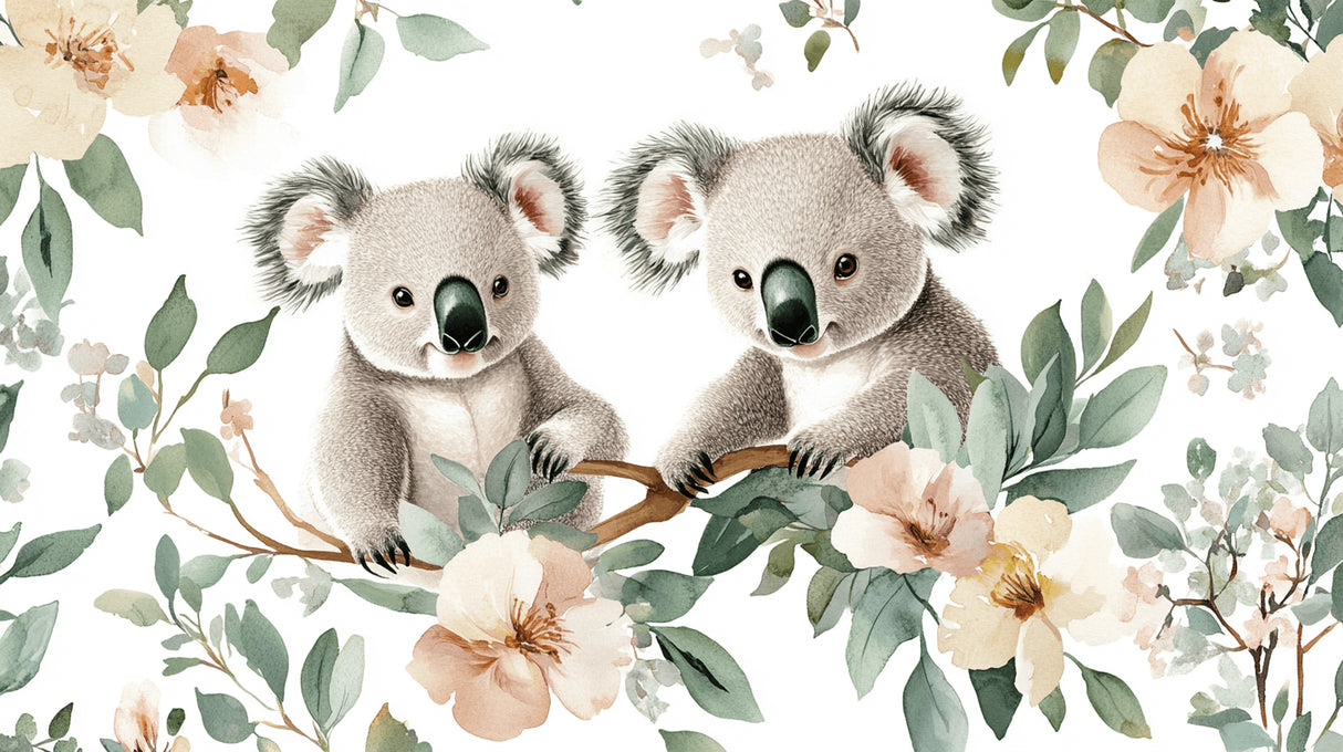 Koala and floral design file showing detailed pattern with peach blossoms and sage foliage