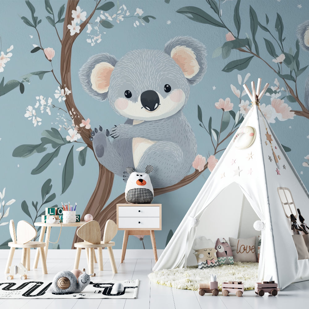 Floral koala wallpaper creating a sweet accent wall in a toddler's bedroom