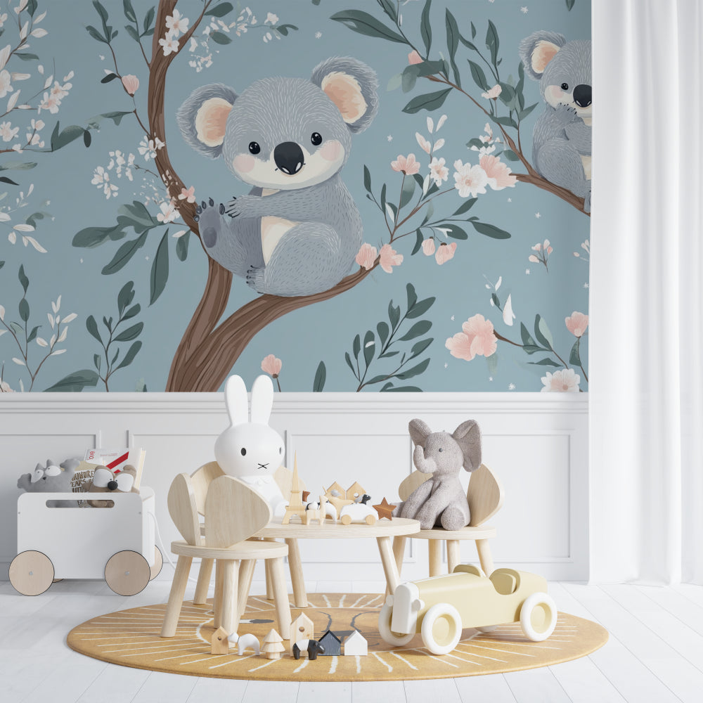 Cherry blossom koala mural bringing nature into a peaceful playroom space