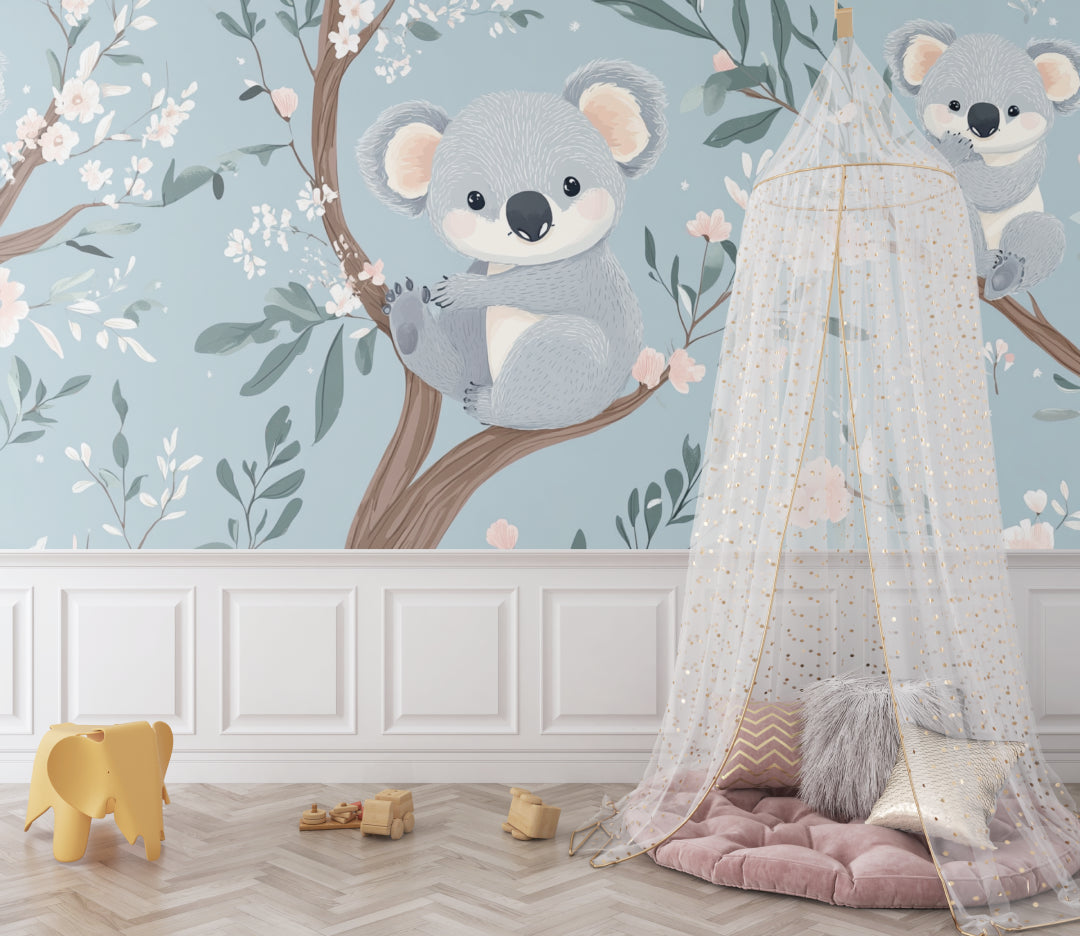Australian koala wallpaper showcased in a bright kids reading nook