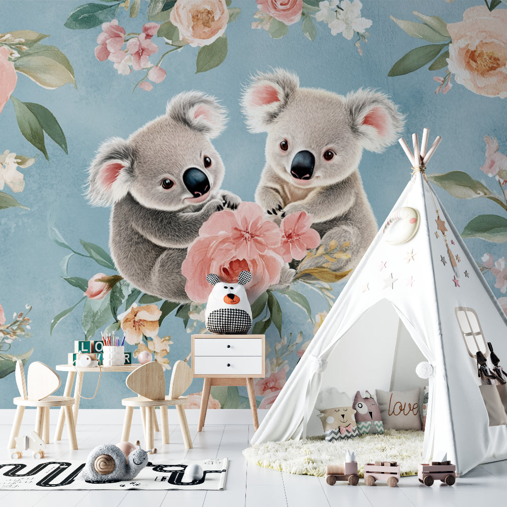 Floral koala mural wallpaper in a modern nursery with white furniture