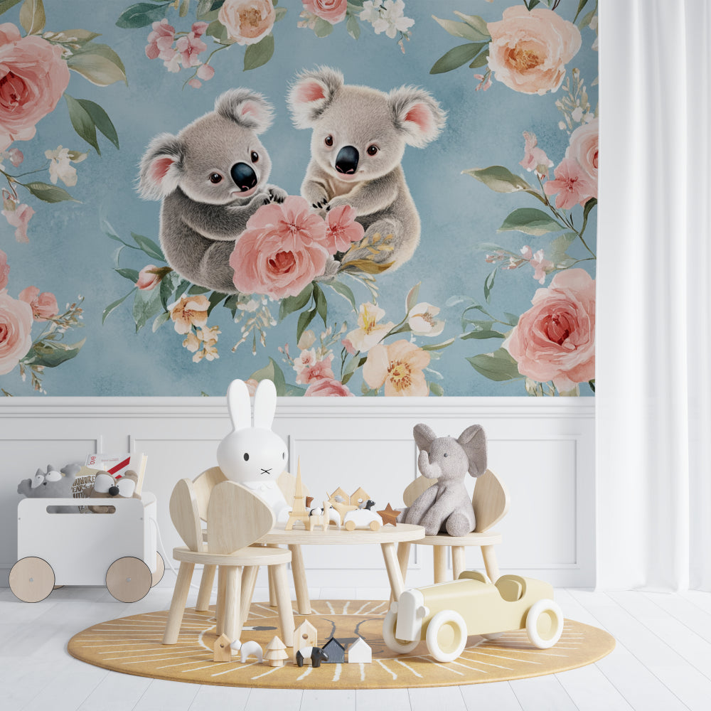 Sweet koala wallpaper creating a cozy reading nook in children's bedroom