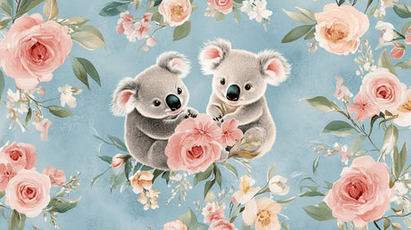 Design file showing detailed koala and rose pattern on soft blue background