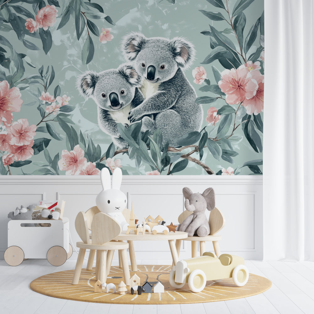 Sweet koala mural wallpaper bringing charm to a girl's bedroom with natural lighting
