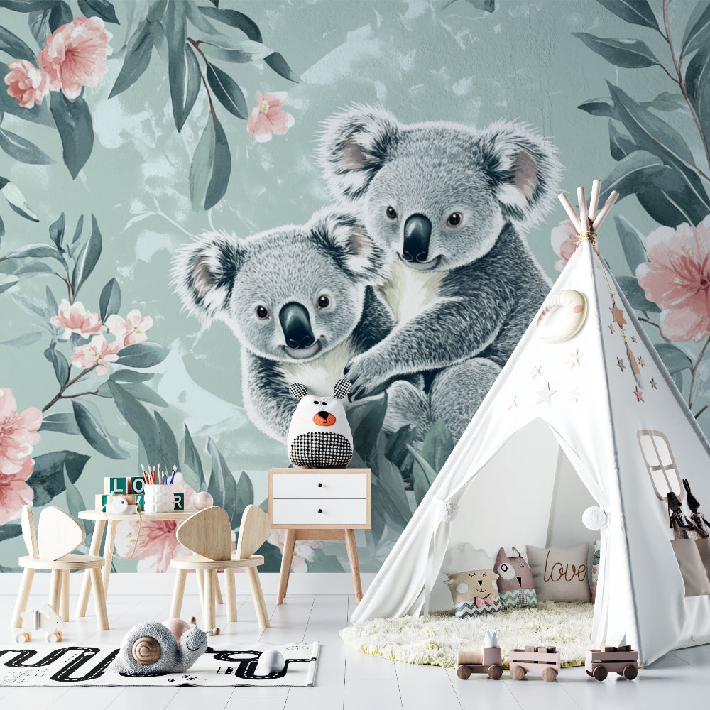Australian koala wallpaper styled in a cozy reading nook with soft furnishings