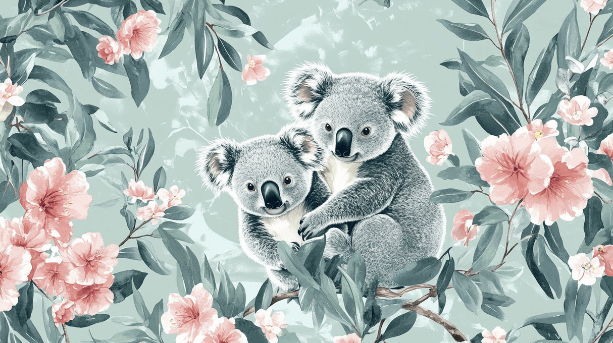 Koala and floral design file showing detailed sage leaves and pink blossoms pattern
