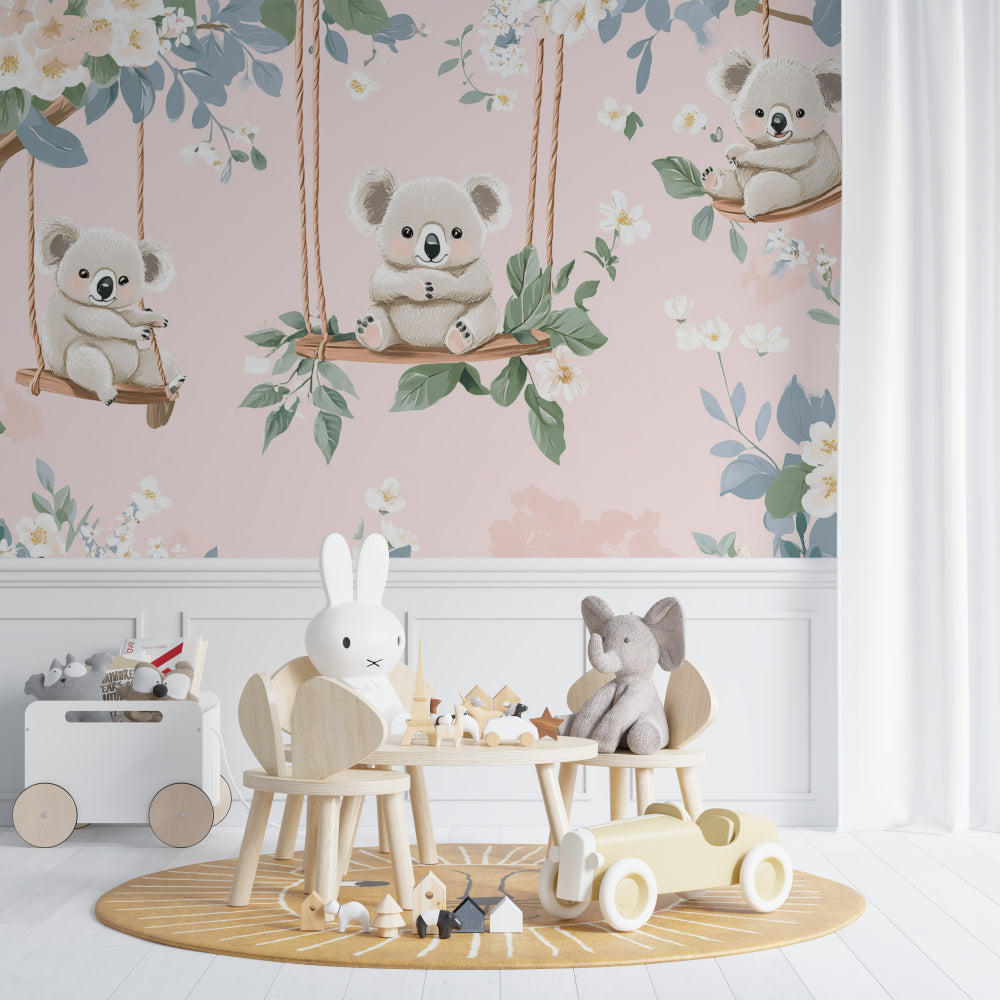 Playroom decorated with floral koala wallpaper showing reading nook and toy storage