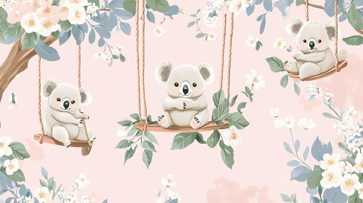 Design file of koala wallpaper pattern showing detailed floral elements and swinging koalas