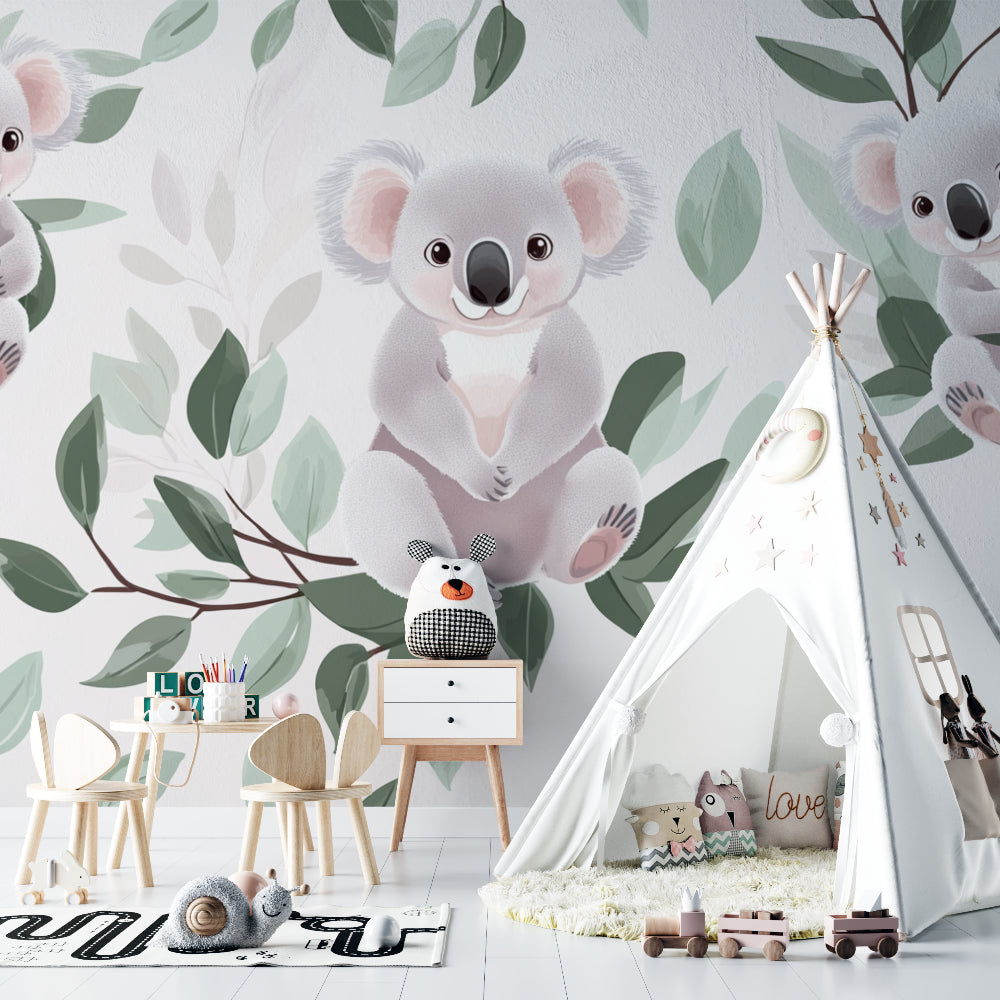 Sweet koala wall mural in a child's reading nook with soft cushions and warm lighting