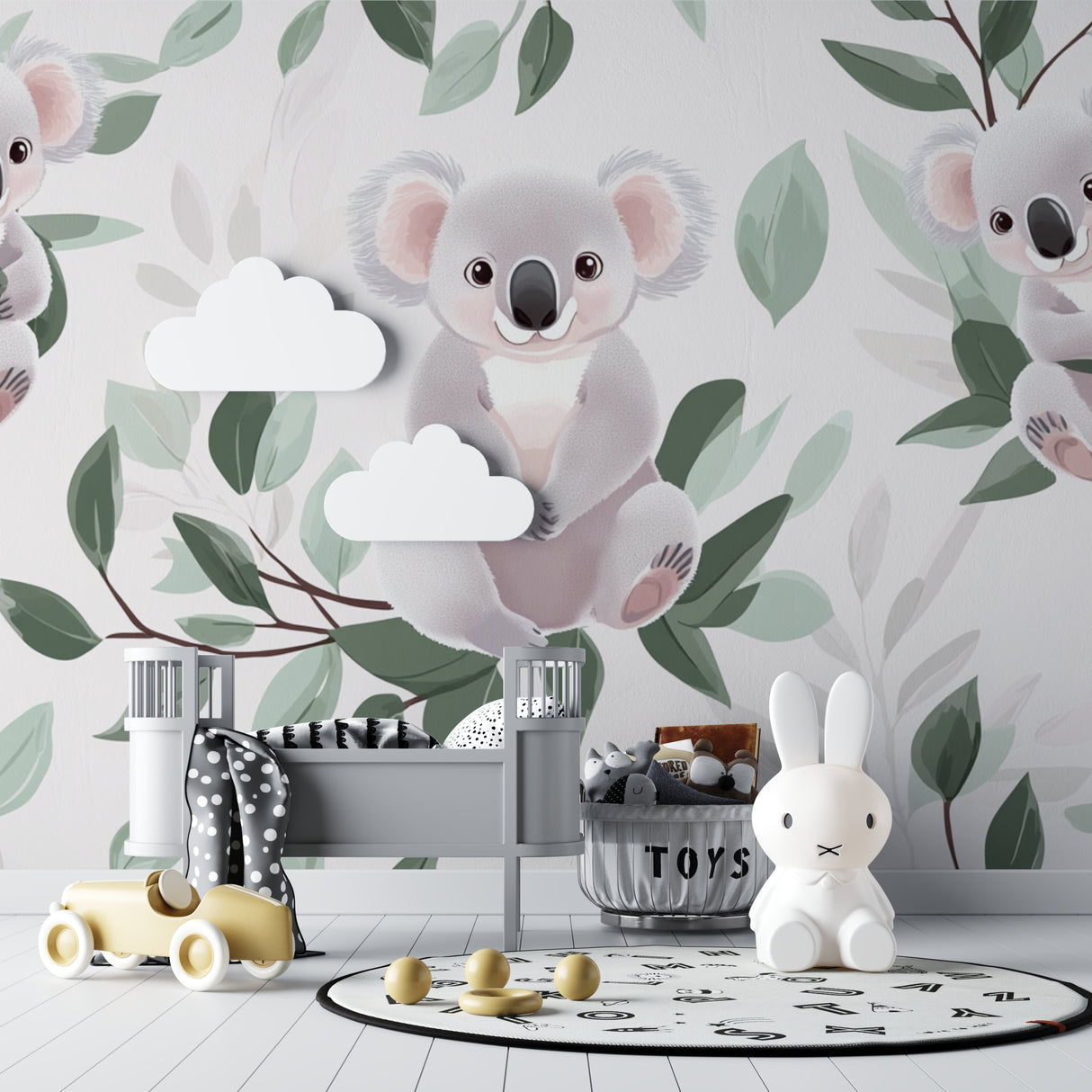 Forest friends wallpaper bringing nature into a playroom with green and grey accents