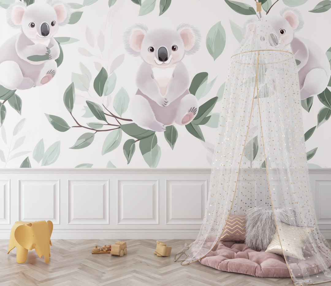 Koala mural wallpaper making a statement in a gender-neutral nursery with minimal decor