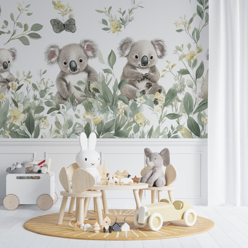 Australian wildlife wallpaper transforming a playroom with gentle colors and playful design