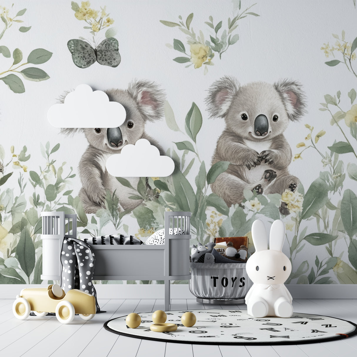 Nature-inspired koala wallpaper creating a peaceful bedroom setting with minimal decor