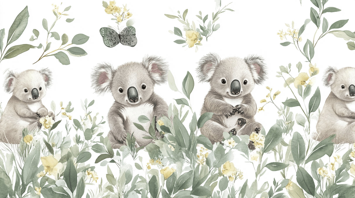 Design file showing detailed koala and butterfly pattern with soft sage green foliage on white background