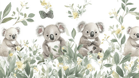 Design file showing detailed koala and butterfly pattern with soft sage green foliage on white background