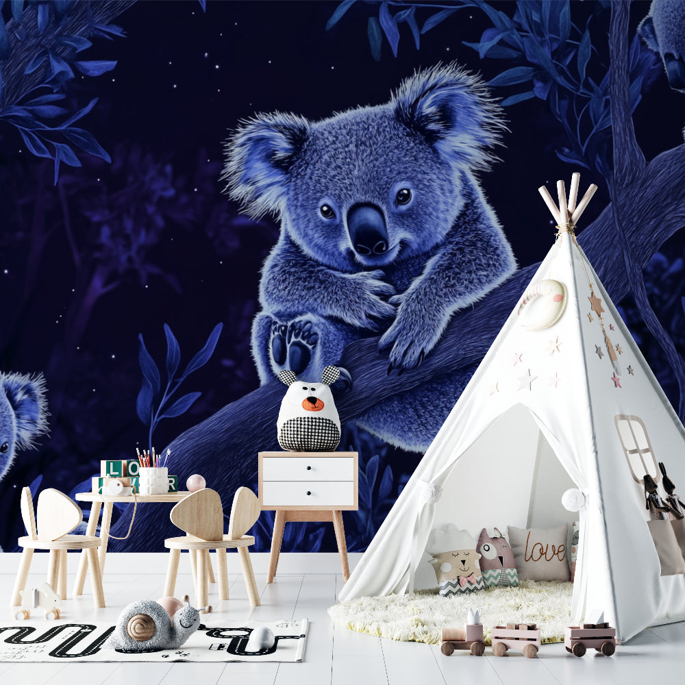 Koala wall mural creating a magical atmosphere in a modern nursery with star-lit night sky theme