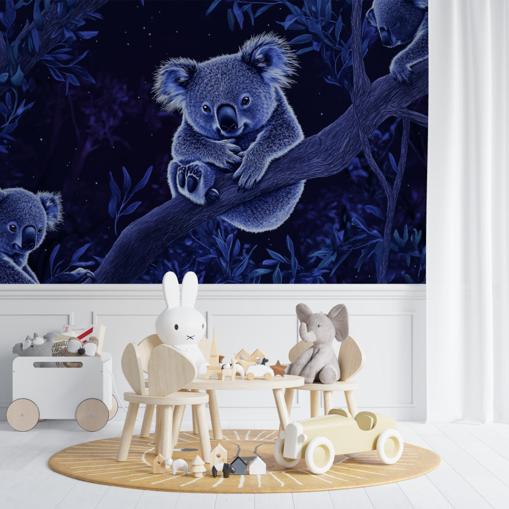 Playroom showcase of Australian koala mural with dreamy night sky background