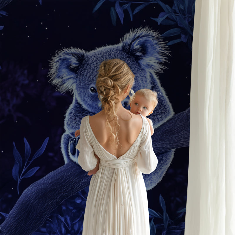 Reading nook with koala wallpaper creating a cozy atmosphere for bedtime stories