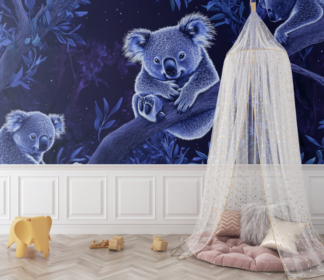 Baby room decorated with gentle koala night sky mural showing starlit details