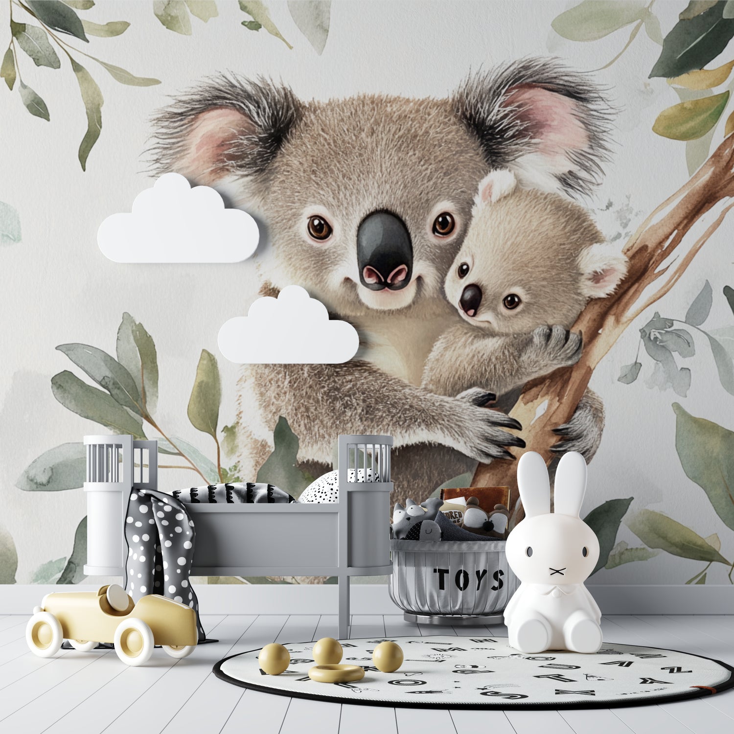 Koala nursery wallpaper creating a cozy atmosphere in a modern nursery with neutral furniture