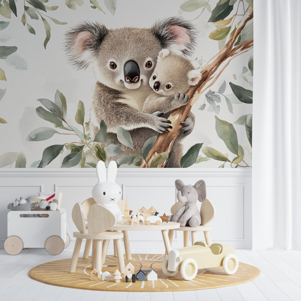 Sweet koala bear wallpaper featured in a reading nook with soft lighting