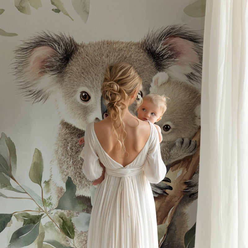 Mother and baby koala wallpaper in a gender-neutral nursery setting