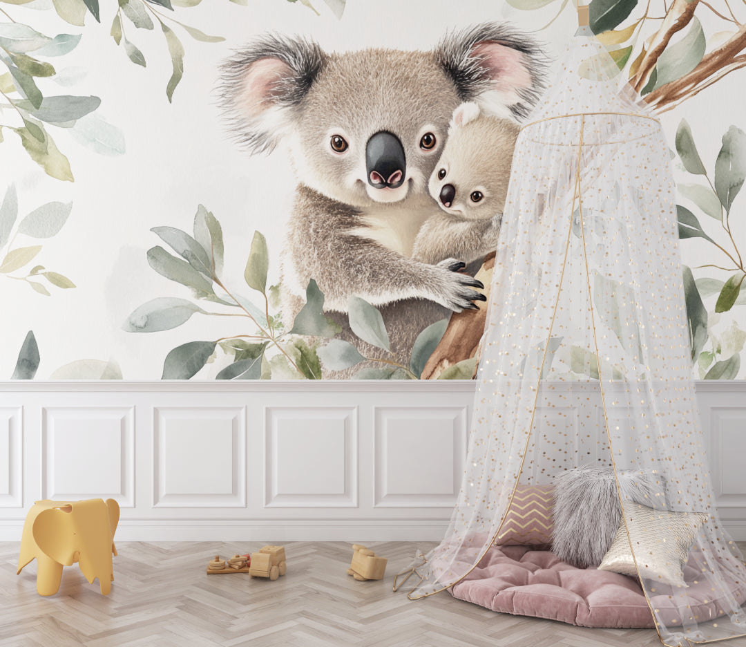 Eucalyptus koala mural creating depth in a bright children's room