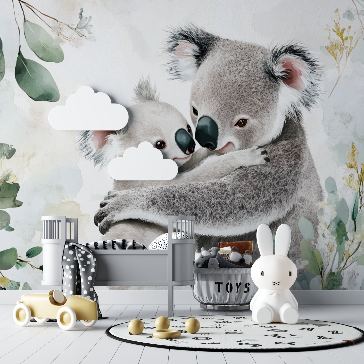 Koala wallpaper mural bringing natural charm to a modern nursery with soft grey and botanical accents