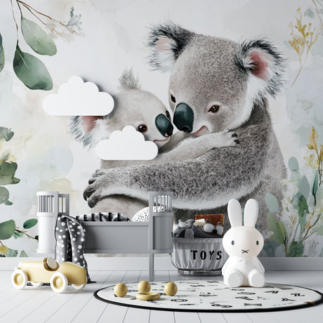 Koala wallpaper mural bringing natural charm to a modern nursery with soft grey and botanical accents