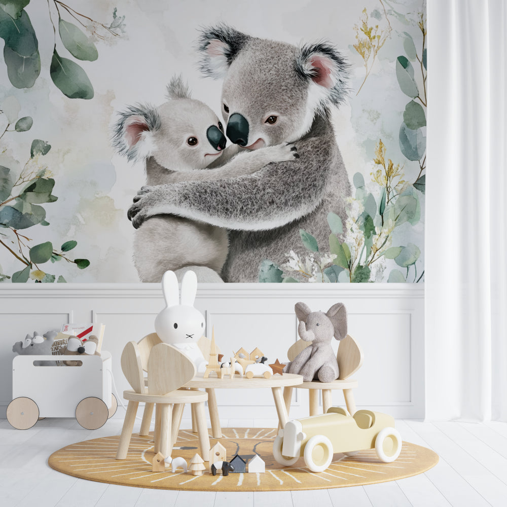 Mother and baby koala wallpaper transforming a master bedroom into a serene retreat