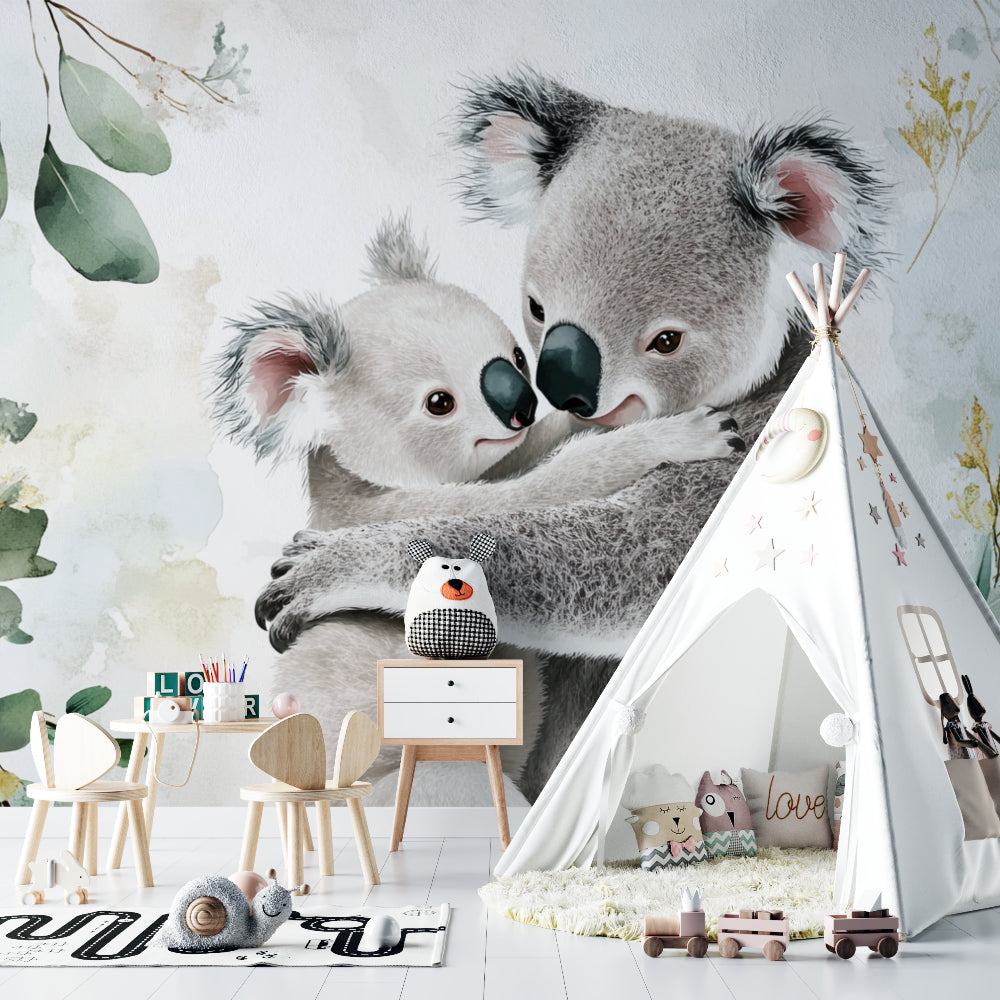 Koala wall mural adding a gentle touch to a playroom with neutral decor