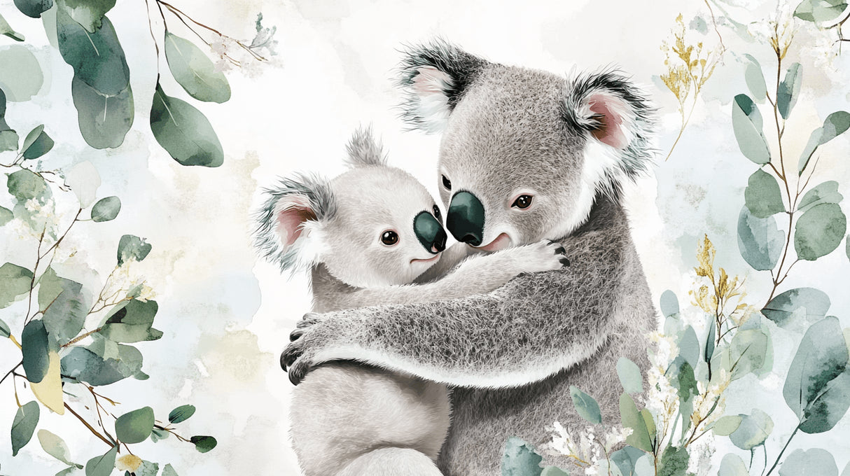 Detailed design file of mother and baby koala wallpaper pattern with eucalyptus elements