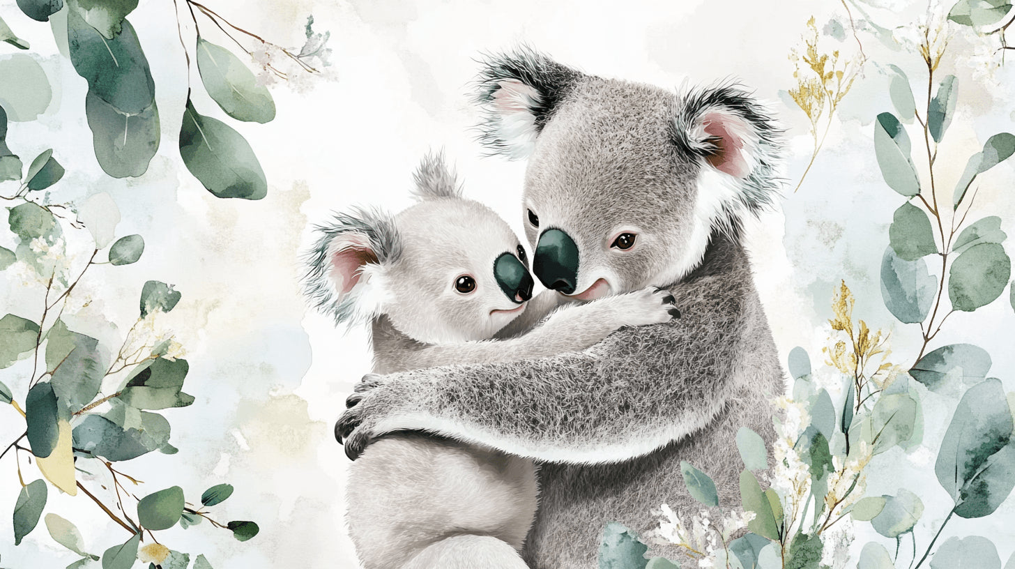 Detailed design file of mother and baby koala wallpaper pattern with eucalyptus elements