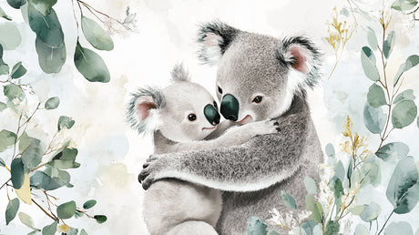 Detailed design file of mother and baby koala wallpaper pattern with eucalyptus elements