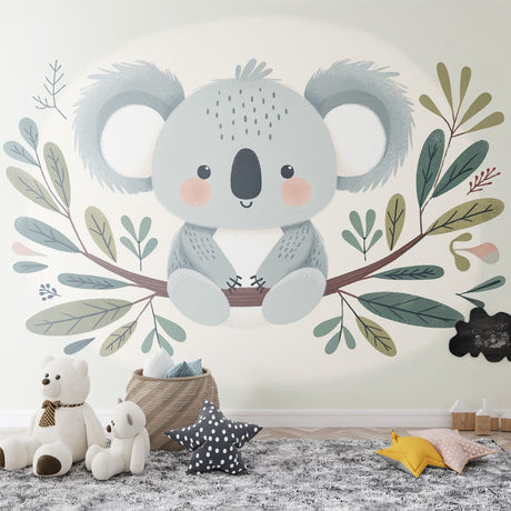 Koala nursery wallpaper creating a peaceful atmosphere in a modern white nursery with natural wood furniture