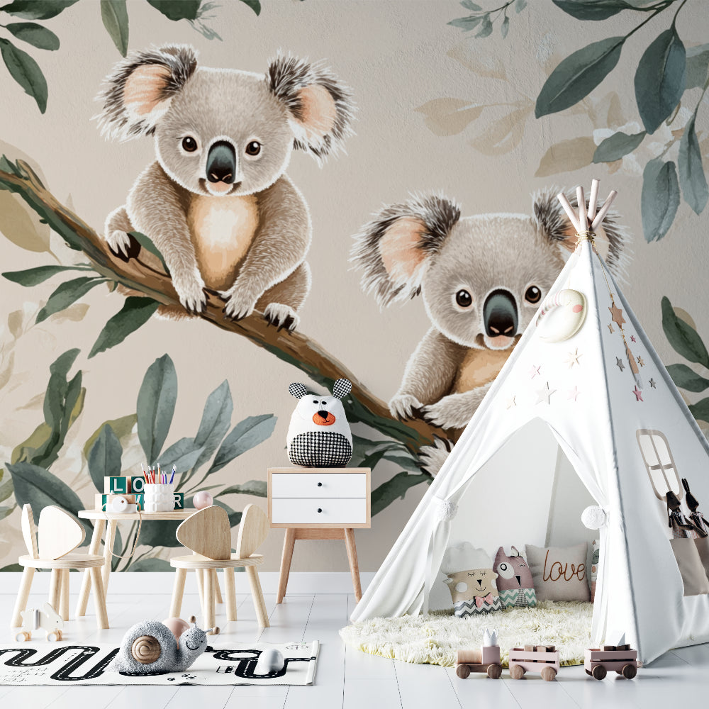 Koala nursery wallpaper creating a cozy atmosphere in a modern baby room with white furniture